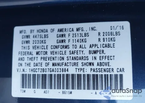 2016 Honda Accord Touring z USA, uszkodzony, nr VIN 1HGCT2B07GA003884